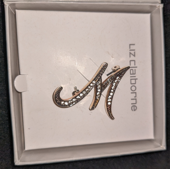 Liz Claiborne Silver Letter M Brooch with Rhinestones EUC Pin - Picture 5 of 7